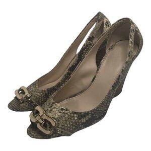 Coach Snakeskin-Print Peep Toe Wedge Heels with Gold Hardware